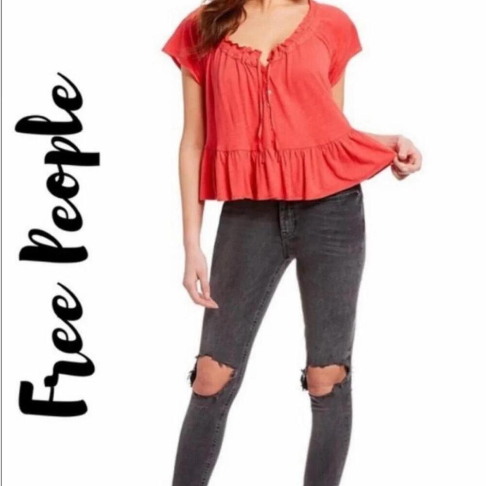 Free People Charlie Coral Peasant Top Women's XL Ruffle Flounce Hem Babydoll EUC
